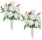 White Artificial Cemetery Flowers for Graveside - Set of 2 Large Rose and Lily Memorial Bouquets with Vases - 19.7" UV Resistant Grave Decorations for Outdoors - Funeral & Memorial Day Flowers